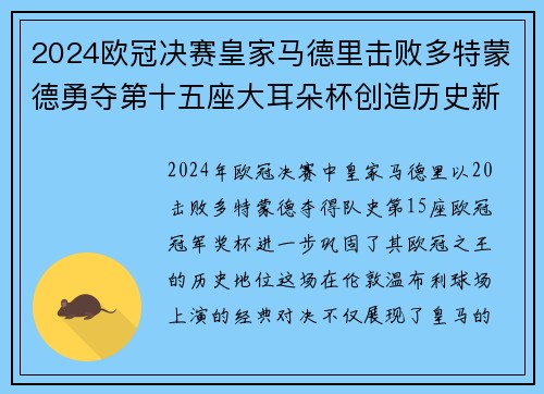 2024欧冠决赛皇家马德里击败多特蒙德勇夺第十五座大耳朵杯创造历史新篇章